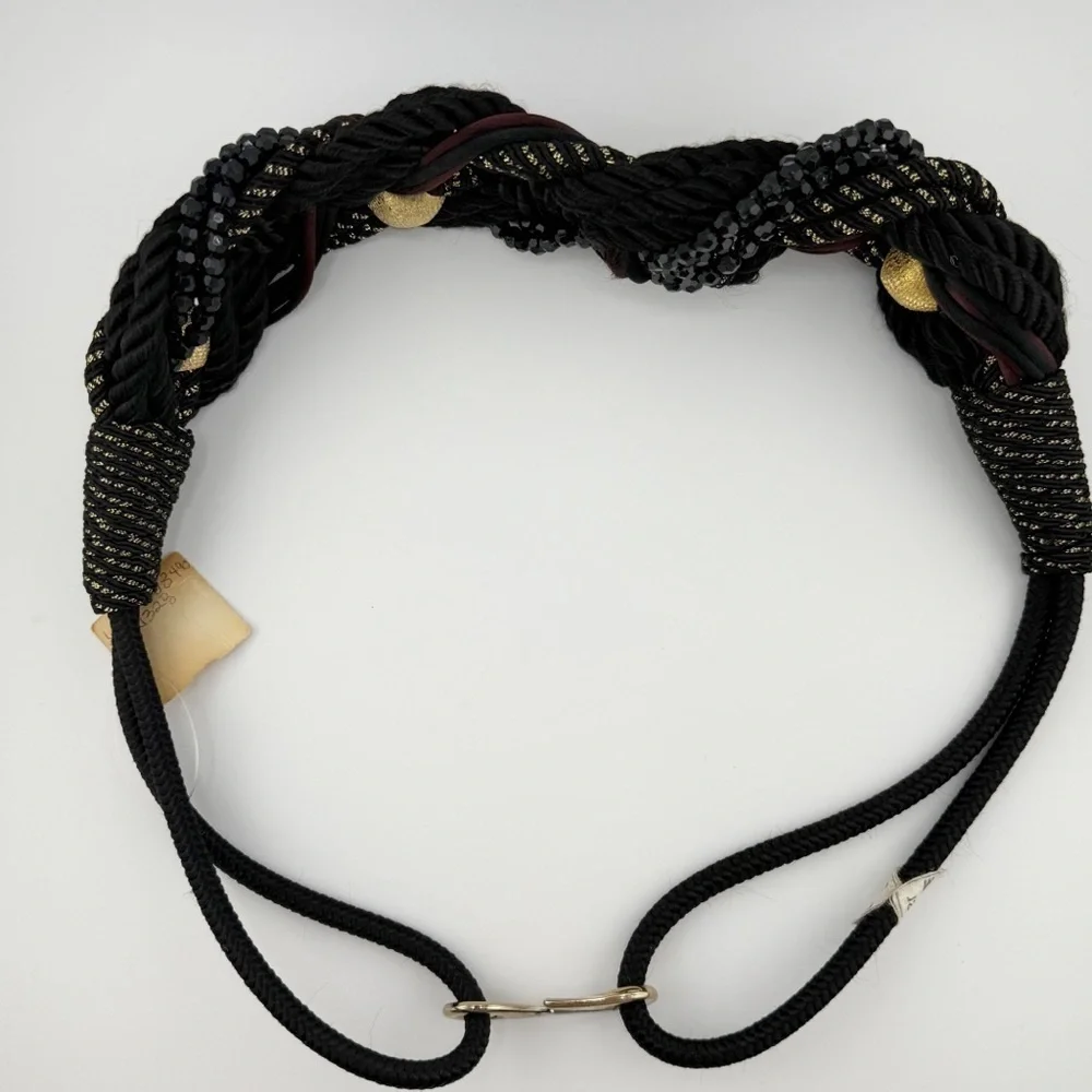 Vintage Braided Rope Belt Black Gold Beaded Statement Belt Boho